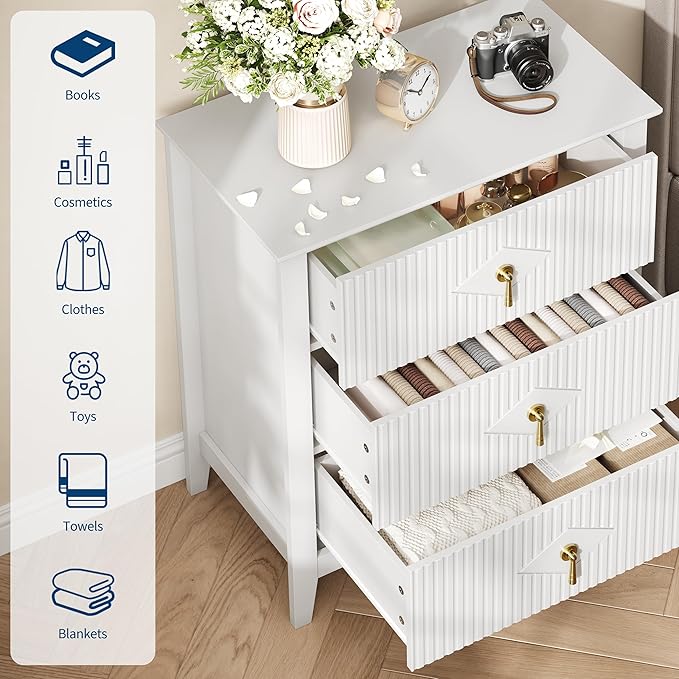GarveeHome 2Pcs Wood Nightstand Fluted Dresser for Bedroom, 27.5" Wide 3-Drawer Bedside Tables, Modern Chest of Drawers, Storage End Table Living Room, Hallway, Entryway, White