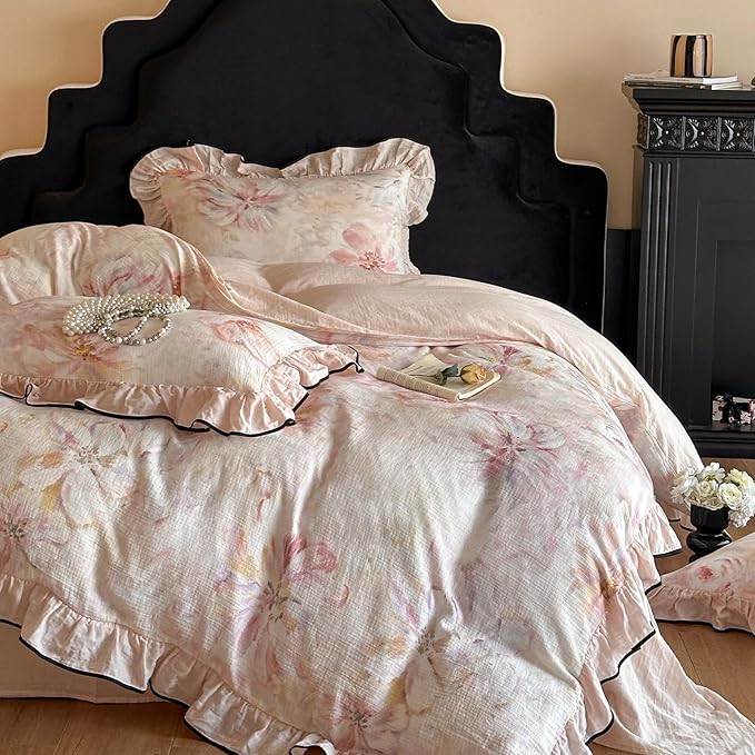 HighBuy French Ruffle Duvet Cover Queen Size,Pink Floral Chic Cottagecore Bedding Set Linen Breathable for Hot Sleepers,Yarn-Dyed Textured Comforter Cover Set - 1 Duvet Cover 2 Pillowcases