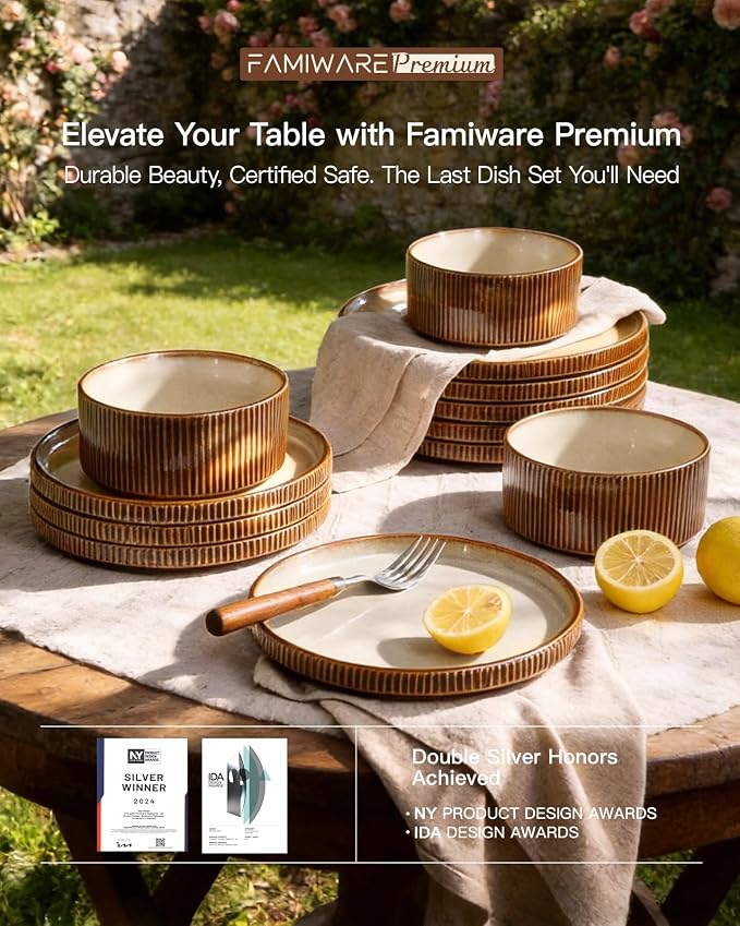24-Piece Dinnerware Set Service for 8, Famiware Premium Stoneware Dish Set with Ribbed Plates and Deep Bowls, Double Reactive Glaze, Chip & Scratch Resistant, Microwave & Dishwasher Safe, Cream Cocoa