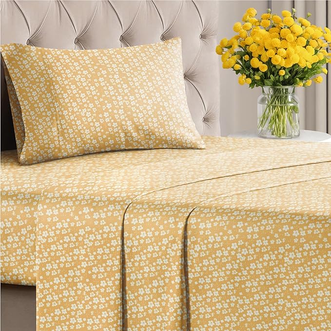Floral Sheets - Yellow Floral Bed Sheet Set - 1 Flat, 1 Fitted & 1 Pillowcase w/ Deep Pockets - Comfy, Wrinkle & Fade Free - Boho Botanical Bedding - Soft, Breathable and Cooling - Twin XL Size Set