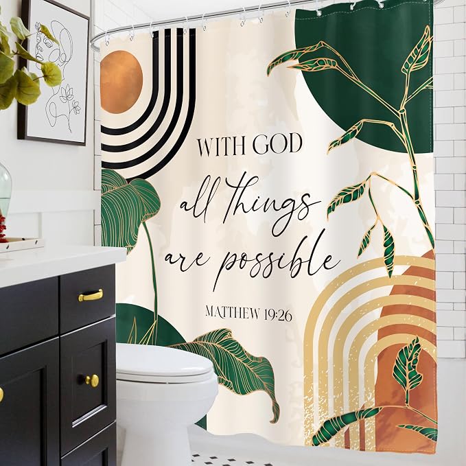 Glawry Green Boho Bible Verse Shower Curtain Christian Scripture Inspirational Quotes Abstract Tropical Palm Bathroom Mid Century 60Wx72L Inches Bath Accessories Art Home Decor Fabric 12 Hooks