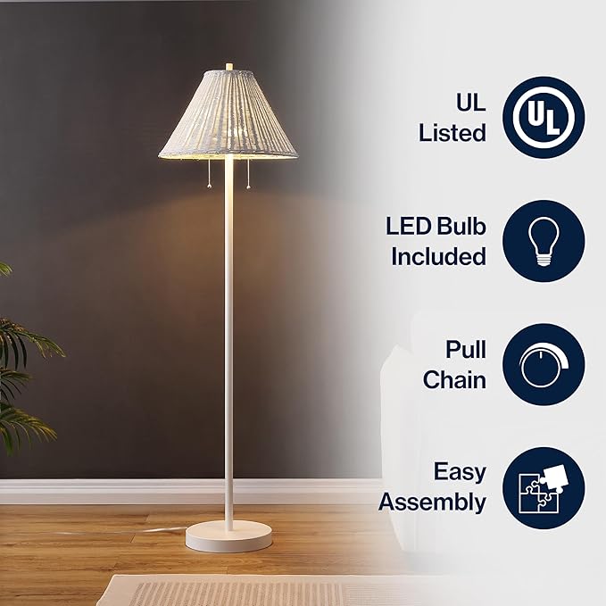 JONATHAN Y 61" White 2-Light Coastal Bohemian LED Floor Lamp for Living Room, Brown Rattan Shade, Mid-Century Modern Tall Standing Lamp, Pull-Chain, LED Bulbs Included (JYL3092B)