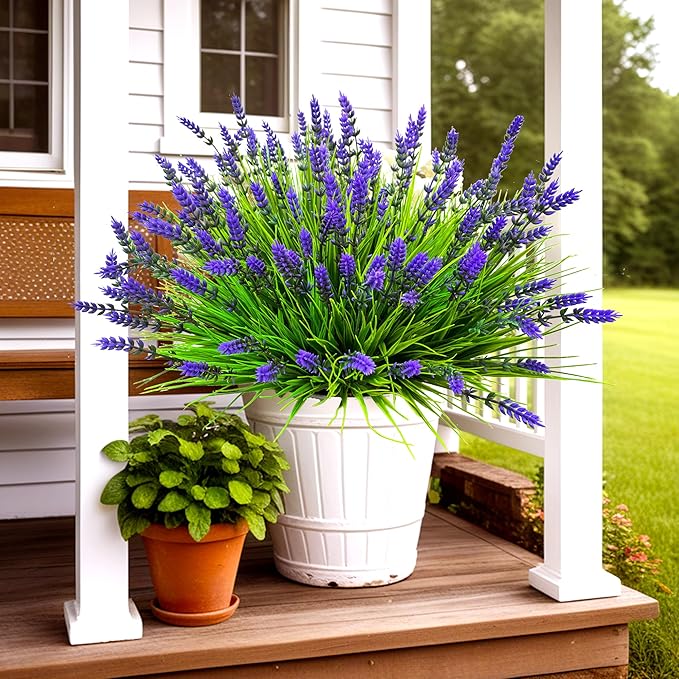 Artificial Faux Plants Flowers for Outdoors Decor, 22 Pcs Fake Lavender Flowers Outdoor UV Resistant, Realistic No Fade Realistic Outdoor Plants Greenery Shrubs for Porch Garden Yard Window Box Home