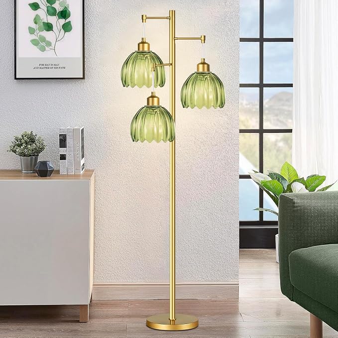 Glass Floor Lamp for Living Room,Bedroom,Gold Mid Century Modern Standing Lamp Brass Tree 3 Light Tall Floor Lamps Vintage Retro Floor Lights Green Flower Lamp Shade Farmhouse Boho Bohemian
