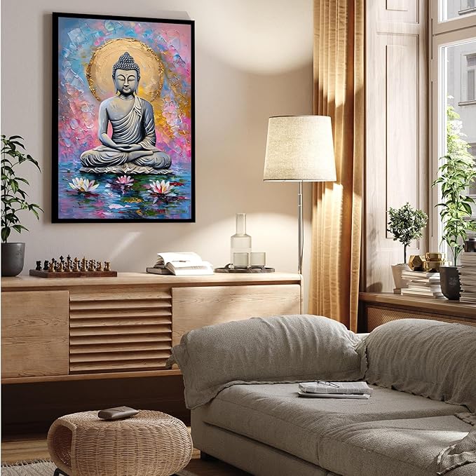 Lotus and golden Buddha meditation tranquil zen wall art mindfulness wall art for spiritual harmony and tranquility decor 20x30in Metal blackFramed
