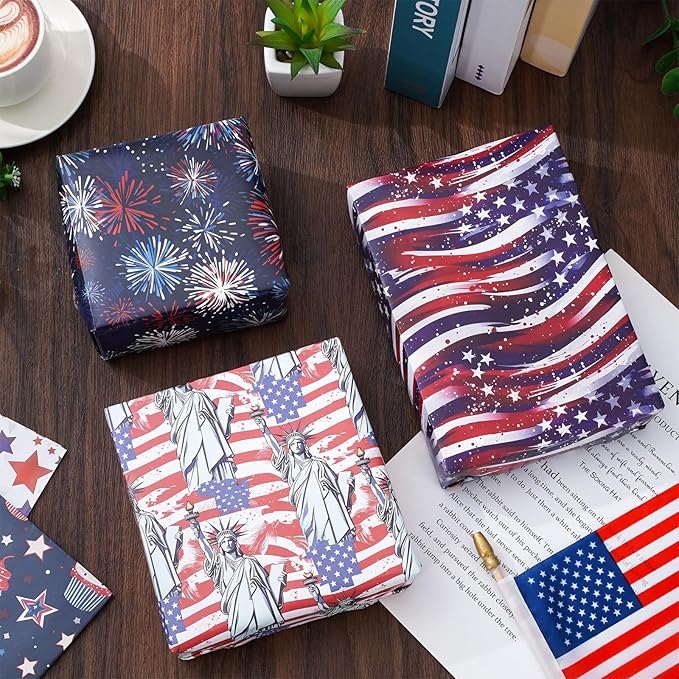 JarThenaAMCS 12 Sheet Patriotic Wrapping Paper -Not Roll- American Flag Star Firework Gift Wrap Paper Folded Flat Art Paper for 4th of July DIY Crafts Gift Wrapping, 19.7 x 27.6 Inch