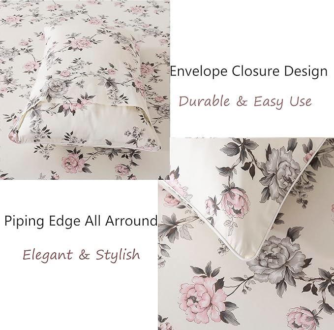 FADFAY Floral Sheets Set Twin Vintage Rose Floral Bedding Shabby Grey and Pink Peony Print Sheets Farmhouse Bedding 800 Thread Count 100% Egyptian Cotton Soft Deep Pocket Fitted Sheet 4Pcs, Twin Size