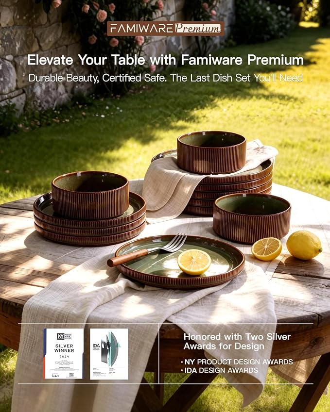 24-Piece Dinnerware Set Service for 8, Famiware Premium Stoneware Dish Set with Ribbed Plates and Deep Bowls, Double Reactive Glaze, Chip & Scratch Resistant, Microwave & Dishwasher Safe, Moss Cocoa
