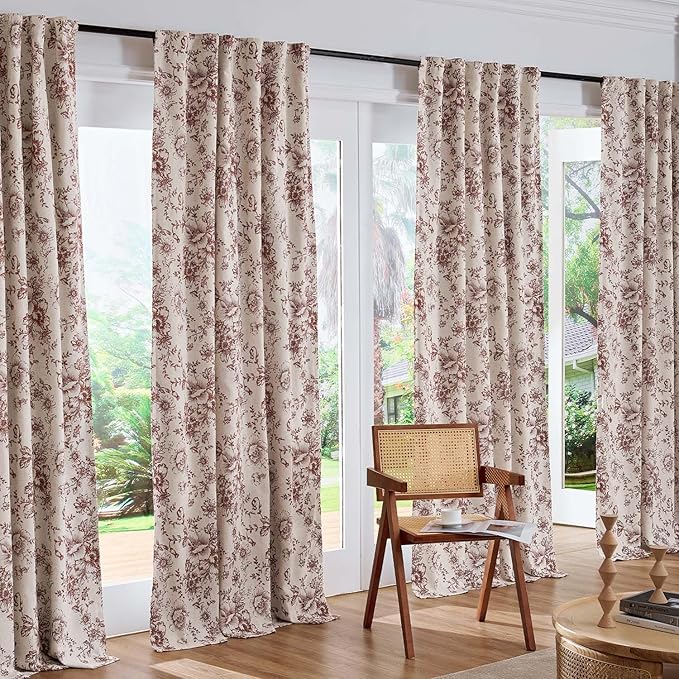 jinchan Blackout Floral Curtains Linen Blend Curtain for Living Room 63 Inch Length Christmas Brick Red Flower Printed Drapes for Bedroom Rod Pocket Back Tab Farmhouse Curtains Set 2 Panels