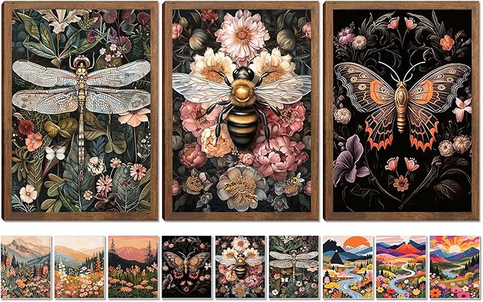 Retro Insect Bee Butterfly Dragonfly Wall Art Set Of 3 12x16In Wood Framed, with 9 Bonus Posters 8"x10", Nature plant Canvas Decoration Paintings Artwork for Office Bedroom Living Room Home Decor
