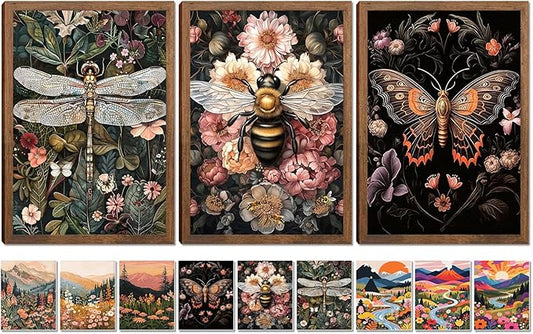 Retro Insect Bee Butterfly Dragonfly Wall Art Set Of 3 12x16In Wood Framed, with 9 Bonus Posters 8"x10", Nature plant Canvas Decoration Paintings Artwork for Office Bedroom Living Room Home Decor