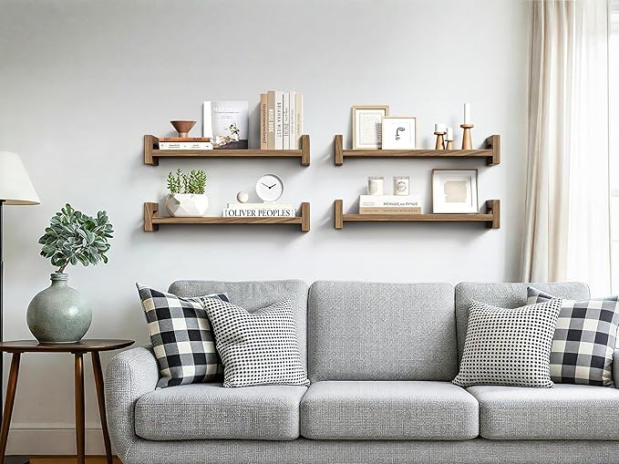 Upgraded Floating Shelves for Wall, Set of 3 Solid Wood Wall Mounted Shelves, 16" Rustic Walnut Display Shelf for Bedroom, Living Room, Bathroom, and Kitchen Decor - Heavy-Duty & Natural Pine