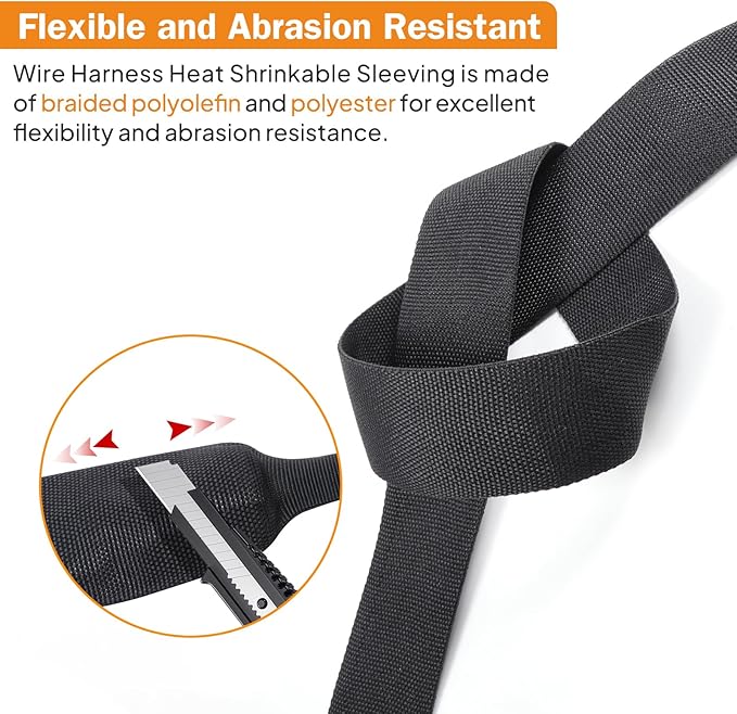 FOURUB 2:1 Ratio Flat Heat Shrinkable Braided Sleeving,Electrical Insulating Tubing,Durable Automotive Fabric Harness Shrinking Sheath (1/4"-30ft)