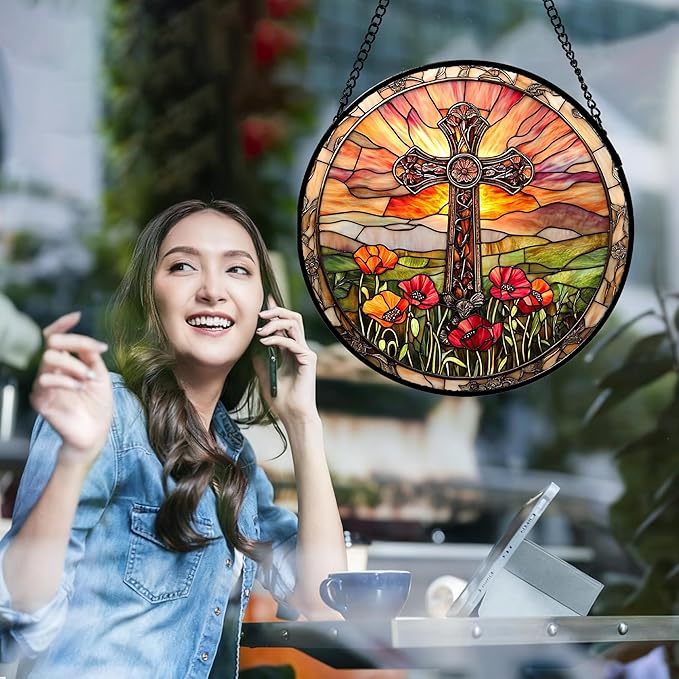 Christian Gifts for Women - Cross Stained Glass Window Hanging Jesus Easter Poppy Sunset Landscape Sun Catcher Garden Religion Decor Mother's Day Catholic Gift for Men Grandma Mom Her 9.8"
