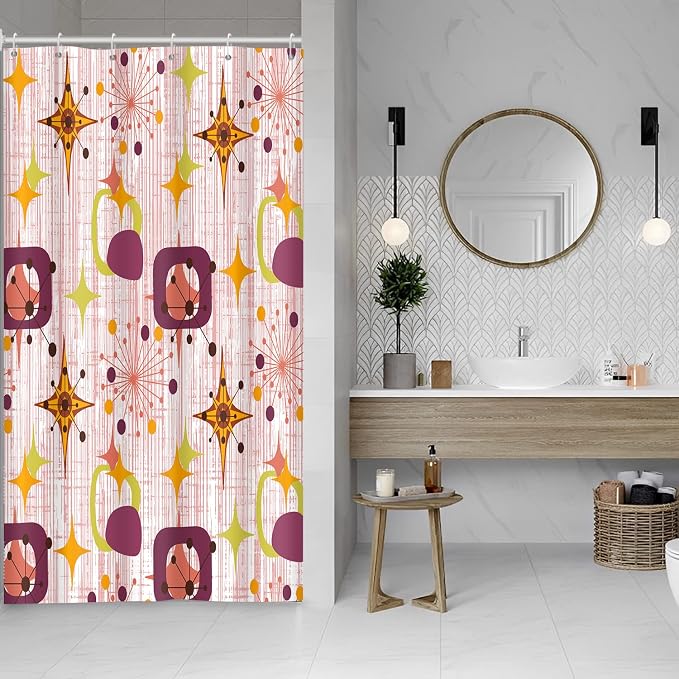 Mid Century Shower Curtain, 48x72inch, Modern Abstract Retro Red Striped Geometric Shower Curtain Sets 1950s Boho Bathroom Shower Curtain with 8 Hooks