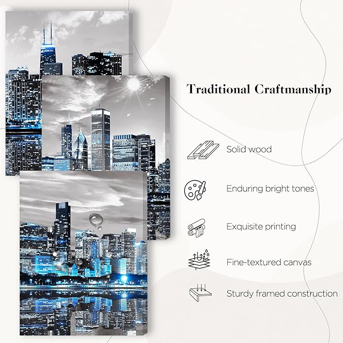 SERIMINO Wall Decor Living Room Modern City Chicago Skyline Large Canvas Wall Art for Bedroom Poster for Office Farmhouse 3 Pieces Set Wood Framed Night Scene Prints Paintings for Home 20"X28"