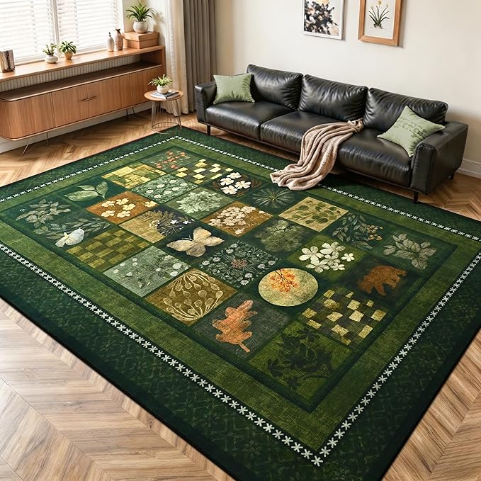 Tepook 6x9 Area Rugs for Living Room, Modern Large Geometric Rug for Bedroom, Washable Patchwork Rug Indoor Non Slip Throw Carpets for Dining Room Office Farmhouse Home Decor, Dark Green