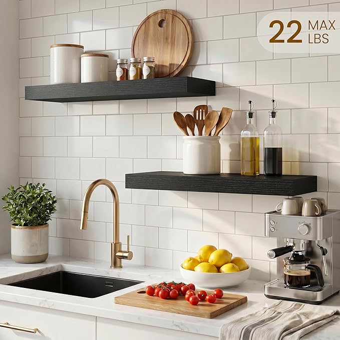 Dreamland 18" Floating Shelves, Rustic Wooden Black Wall Shelves for Bathroom|Bedroom|Kitchen, Deep Wall Mounted Book Shelf, Wood Storage Display Shelf for Home Decor, Set of 2