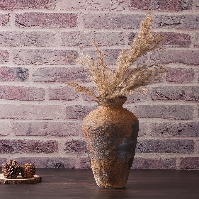 Small Stone Vase for Rustic Home Decor, Farmhouse Antique Pottery Vase Furniture&Table Flower Decorative, Round Terracotta Vases for Living Room Decor, Modern Rustic Concrete Clay Art Vases