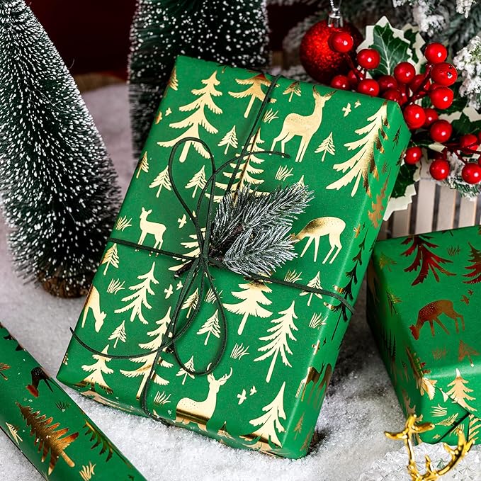 Yarcony Christmas Wrapping Paper Roll, Green Gift Wrapping Paper, Recycled Festive Gold Foil Reindeer, Winter Tree Theme Thick Kraft Christmas Gift Wrap for Winter Celebration (17 Inch X 33 Feet)