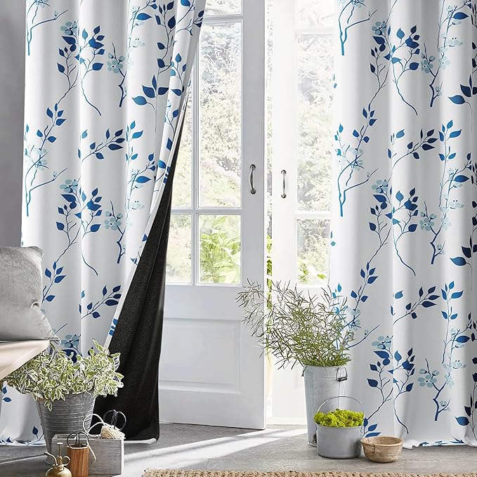 Beauoop Floral 100% Blackout Curtains 90 Inches Long 2 Panels for Bedroom Living Room Navy Blue and White Flower Patterned Room Darkening Thermal Soundproof Grommet Window Treatments Drapes, 52X90