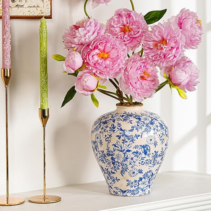 Sungmor Vintage Ceramic Flower Vase - 9.4 Inch Retro Ice Cracked Glaze Chinoiserie Vase, Rustic Farmhouse Home Décor Accent for Dried Flowers, Greenery - Table Centerpieces, Shelf, Mantel Decor