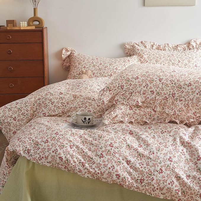 HighBuy Pink Floral Ruffle Comforter Set Twin XL Size Country Style Bedding Comforter Set Twin XL Smooth Soft for Teen Girls 3 Piece Boho Comforters with 2 Pillowcases,Easy Care