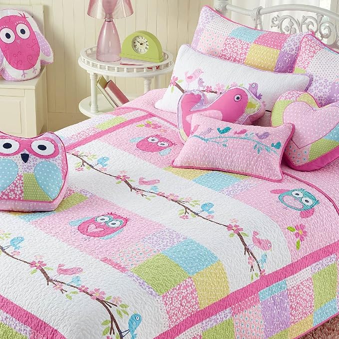 Cozy Line Home Fashions Pink Owl All Season Lightweight 100% Cotton Quilt Set with 5 Decor Pillows-Coverlet Bedding Bedspread for Kids Toddler Girls Bedroom (Owl, Queen - 8 Piece)
