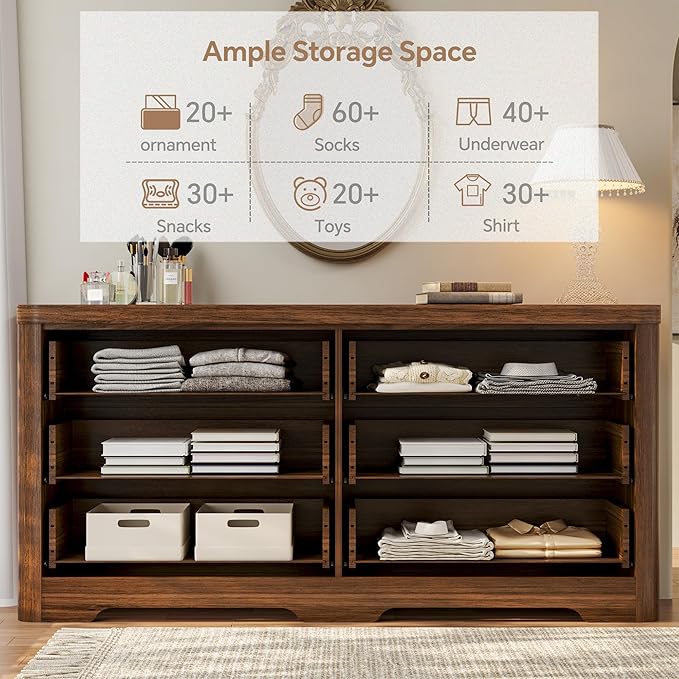 FUSUNBAO Fluted 6 Drawer Dresser, Modern Wood Dresser for Bedroom,TV Stand,Thickened Curved Profile Design,Bedroom,Entryway,Wood Drawer Organizer (Dark Walnut)