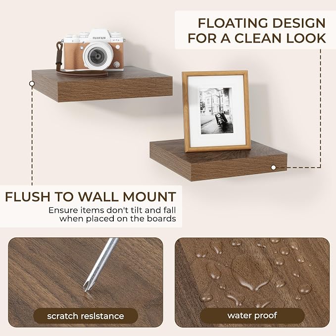 RICHFOCUS 8 Inch Floating Shelves for Wall Small Square Shelves Set for Bedroom|Kitchen|Bathroom|Laundry Room Rustic Wood Wall Mounted Shelf with Invisible Brackets for Books|Storage|Decor, Walnut