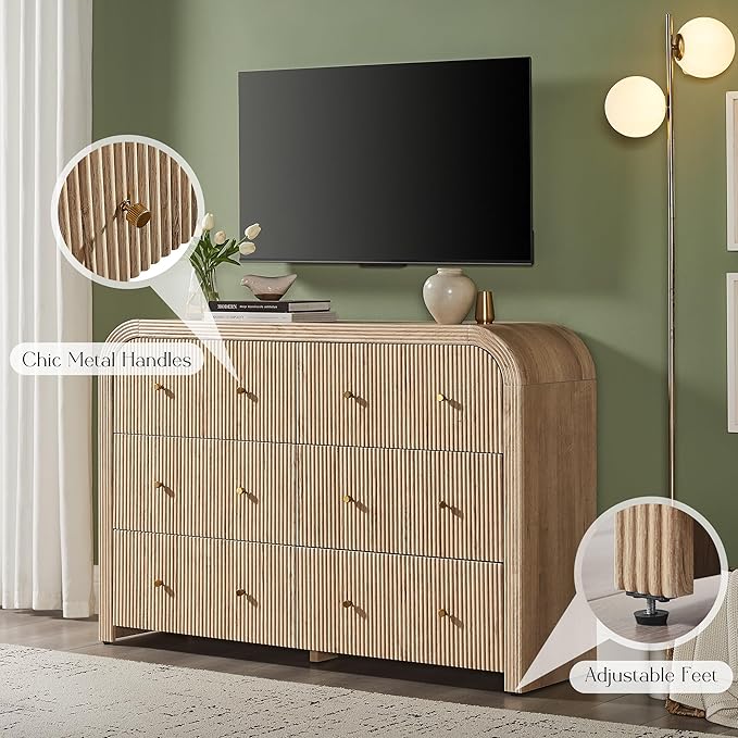 T4TREAM Fluted 6 Drawers Dresser for Bedroom, 54" Wide Modern Chest of Drawers with Thickened Curved Profile Design, Wood Dressers TV Stand for Bedroom, Living Room, Hallway, Natural Oak