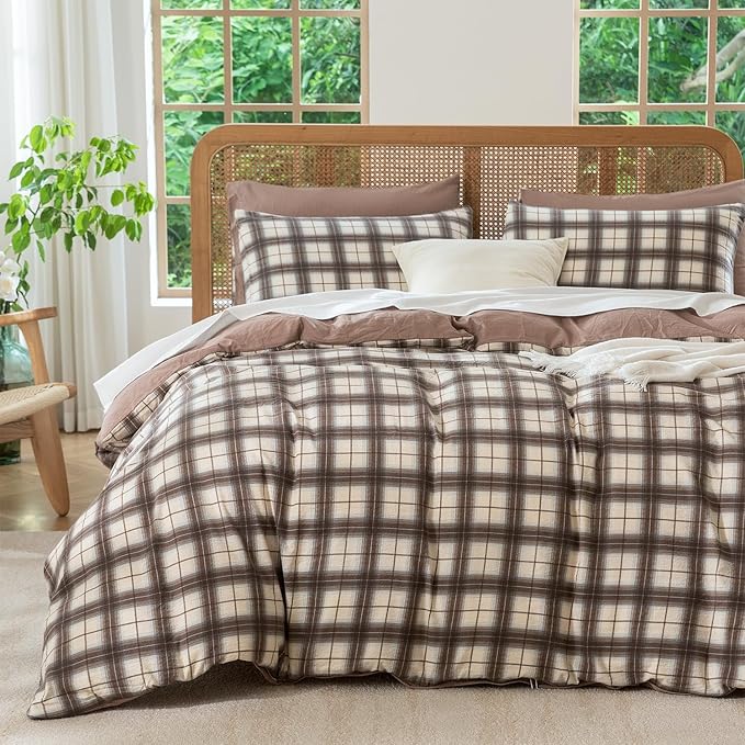 Queen Comforter Set Plaid 3 Pieces Soft Crinkle Gauze Fabric Plaid Bedding, Vintage Style Checkered Gingham Comforter Set for All Seasons Luxury Warmth Comfy Breathable with 2 Pillowcases