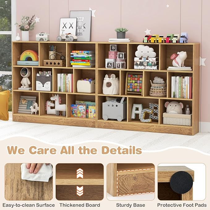 HONEY JOY Kids Toy Storage Organizer, 10-Section Wooden Floor Storage Cabinet, 41” Daycare Toy Chest, 3-Tier Kids Display Bookshelf for Classroom, Playroom & Nursery, Kindergarten (Natural)