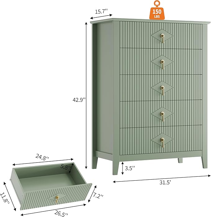 GarveeHome Fluted Dresser for Bedroom, 42.9" Tall 5-Drawer Wood Dresser, Modern Chest of Drawers, Storage Organizer Cabinet for Living Room, Hallway, Entryway, Green