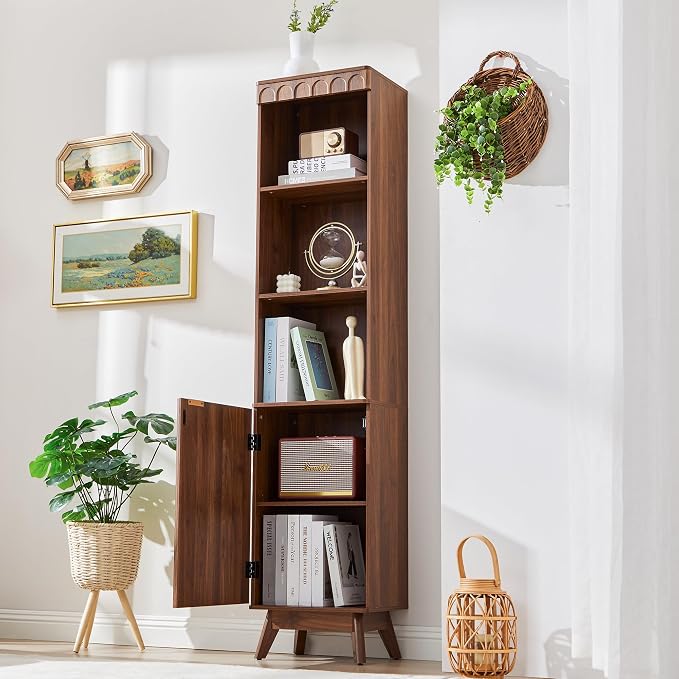 Tall Narrow Bookshelf with Door, Mid Century Modern Bookcase, 71" Slim Storage Cabinet with Adjustable Shelves, Modern Open Display Storage Organizer for Living Room Bathroom Office, Walnut