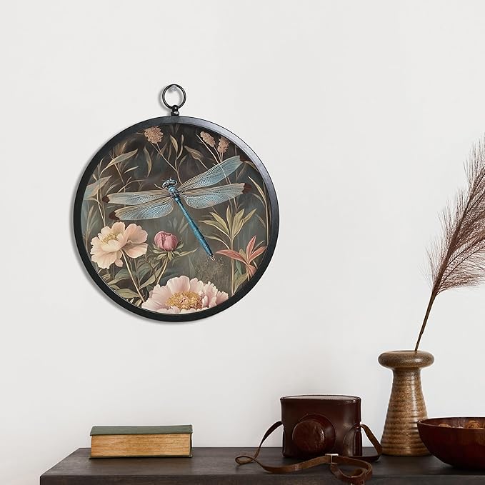 XIAOAIKA Vintage Botanical Wall Art with Metal Frame, Round Wood Print Featuring Dragonfly and Pink Peonies, Boho Wall Decor for Living Room, Bedroom, Kitchen, Hallway, 10 Inch