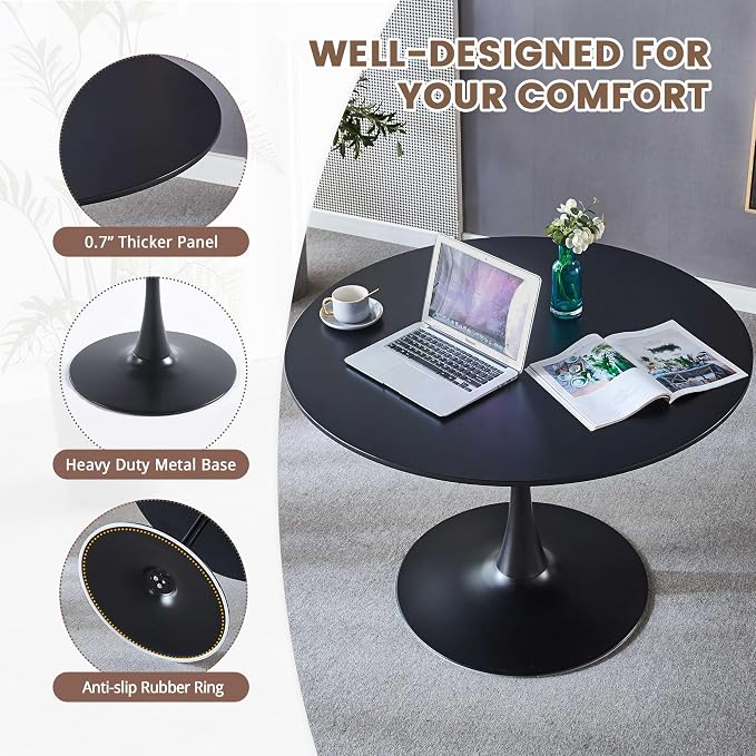 5-Piece Round Dining Table Set,42" Mid-Century Modern Kitchen Table with 4 Chairs,Tulip Pedestal Table & Solid Wood Legs,Space Saving Compact Furniture for Small Spaces Apartment Home,Black