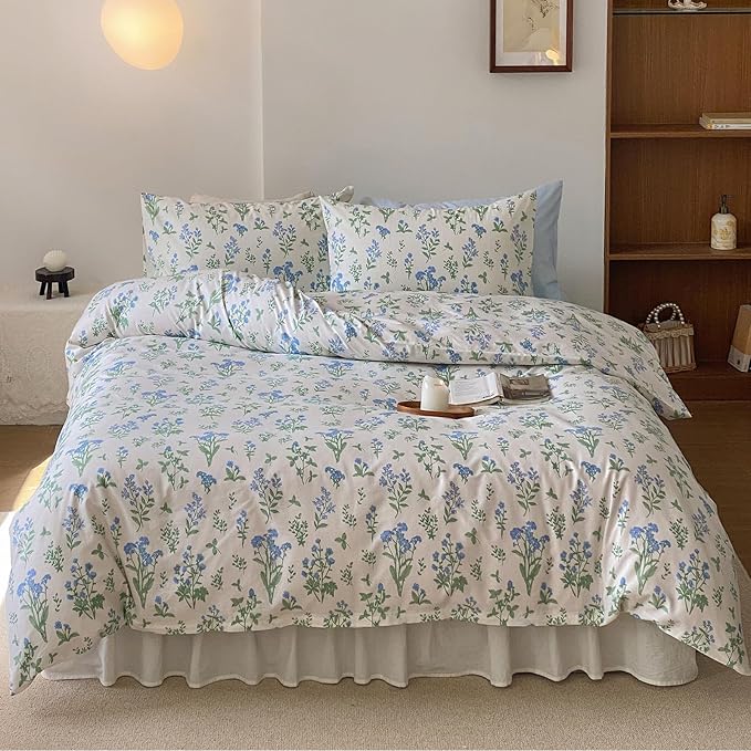 HighBuy Blue Floral Comforter Set King White Green Botanical Bedding Comforter Set Bed Soft Cottagecore Blue Flowers Bedding Set Coquette Aesthetic Farmhouse,1 King Comforter with 2 Pillowcase