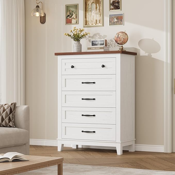 GarveeHome 5 Dresser for Bedroom, 41.3 in Tall Vertical Drawer Dresser with Large Storage, Freestanding Wooden Closet Chest for Bedroom, Living Room, White + Brown