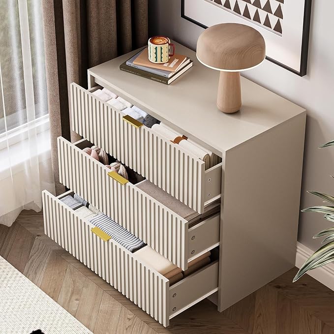 3-Piece Dresser Bedroom Set, 5 Drawer Dresser & 3 Drawer Nightstands with Gold Handles, Fluted Wood Chest of Drawers for Bedroom, Living Room, Entryway, Beige