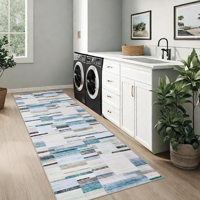 Washable Rug Runners for Hallways Non Slip 2x6 Modern Geometric Kitchen Rugs Farmhouse Entryway Rug Soft Bathroom Rugs Stain Resistant Carpet for Laundry Bedroom 2'x6' Blue