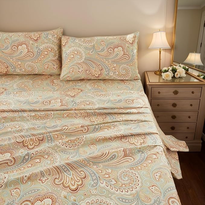 Brandream Paisley Bedding Gold Classy Regal Themed Boho Bed Sheet Set Luxury Bedding Collections 800 Thread Count 100% Egyptian Cotton Deep Pocket, 4 Piece-King Size