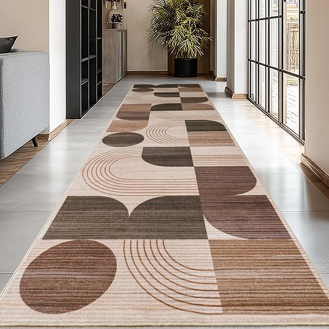 Machine Washable 2x6 Runner Rug, Soft Modern Geometric Abstract Brown Rugs for Bedroom Living Room, Non-Shedding Faux Wool Indoor Throw Floor Carpet for Office Entryway Dining Room Decor