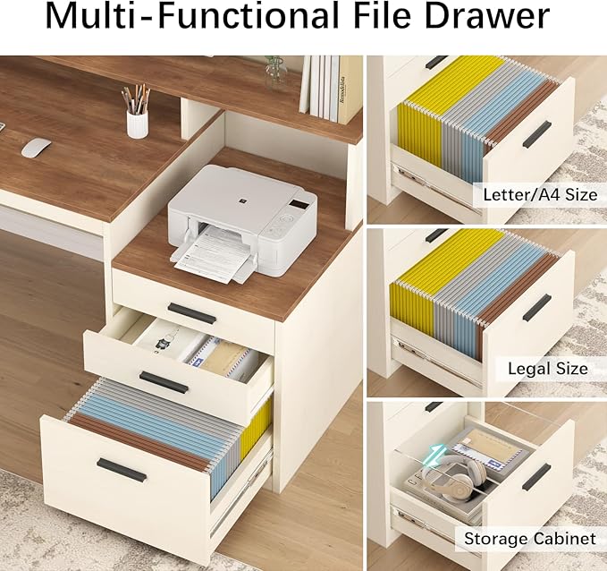 65 Inch Computer Desk with 3 Drawers & Storage Shelves, Executive Desk with File Drawer & Cabinet, Home Office Desk with Long Monitor Stand & Printer Shelf, Antique White