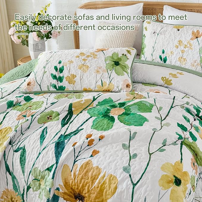 Anibedding Green Quilt Set King Size, Floral Bedspread with 2 Pillowcases, Soft Microfiber Lightweight Coverlet Bedding Set for All Season(104"x90")