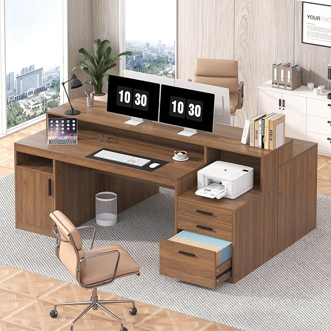 Computer Desk with 3 Drawers & Storage Shelves, 65 Inch Home Office Desk with File Drawer & Cabinet, Writing Study Desks with Monitor Stand & Printer Shelf, Executive Desk, Brown