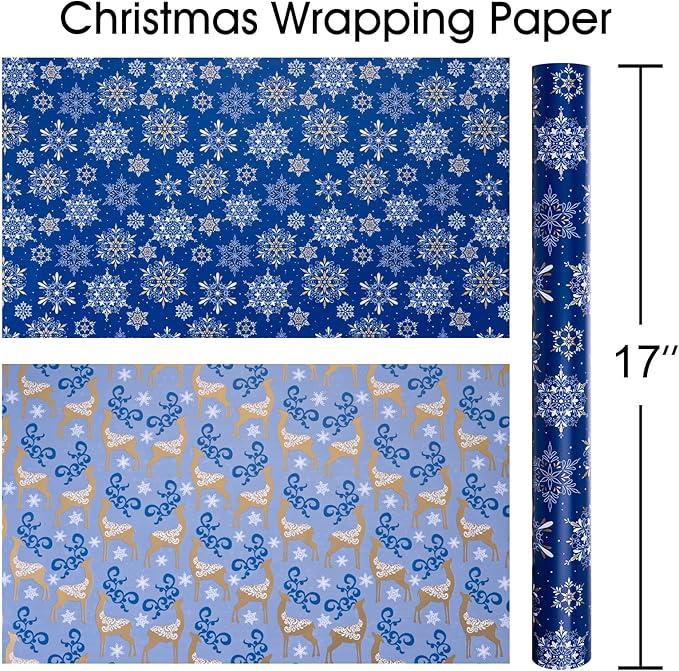 MAYPLUSS Christmas Wrapping Paper Roll - 17 Inch X 33 Feet - Navy Blue Christmas Snowflake Reversible Gold Reindeer Gift Wrapping Paper, Thick Wrap Paper for Holiday Party New Year Kids