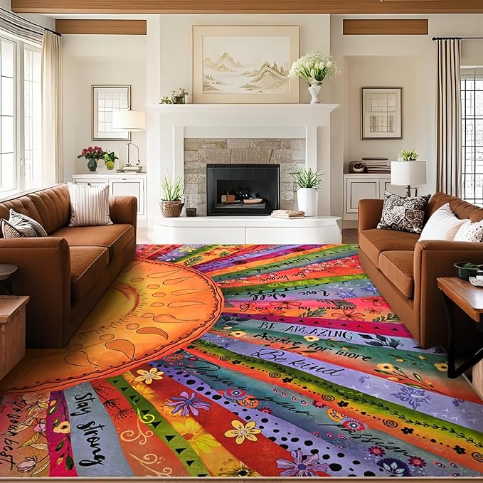 Likiyol Sun Area Rug 8x10 Rugs for Living Room, Non Slip Washable Rugs for Bedroom Soft Faux Cashmere Inspirational Living Room Rug, Large Floor Carpet for Bedroom, Dining Room, Home Office
