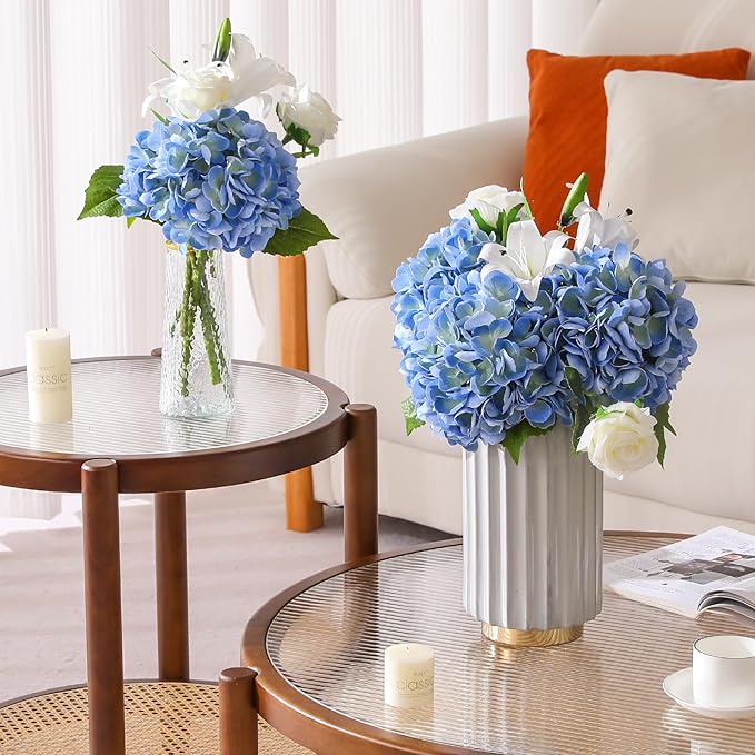 2Pcs Hydrangea Artificial Flowers, 22.44" Real Touch Latex Faux Hydrangea with Long Stems & Leaves for Home Office Decor or Wedding, Party, Centerpieces, Floral Arrangements (Blue)