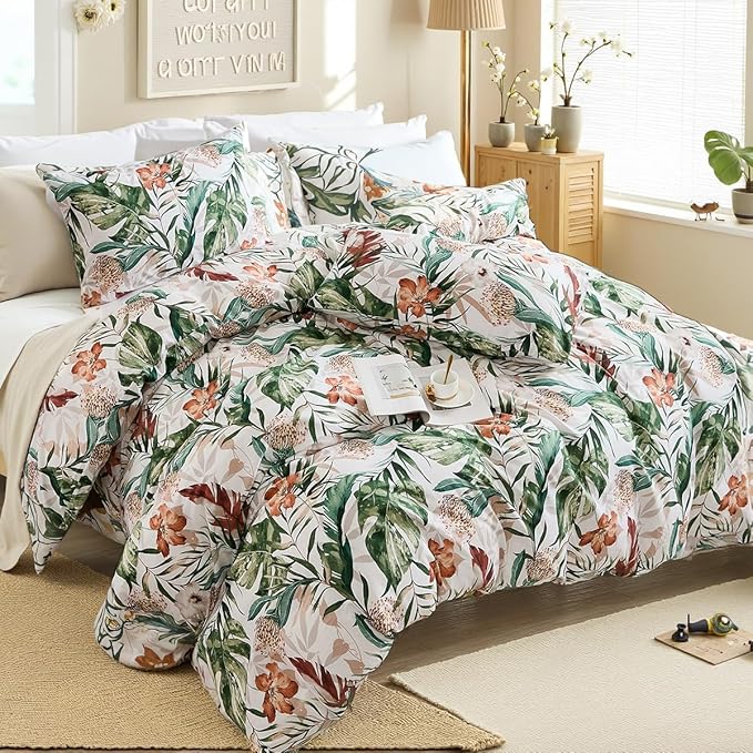 Bedding_Dreamer 100% Cotton Comforter Set Floral Queen Bedding Green Palm Leaf Comforter Set Botanical Home Decor 3 Pcs with 2 Pillowcases Reversible for All Season